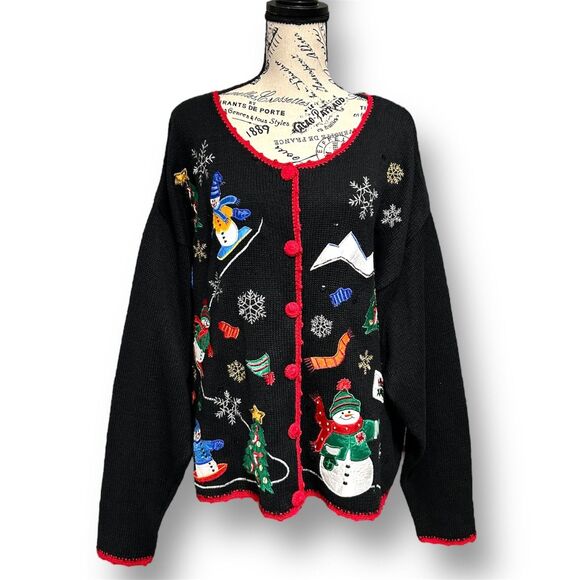 Vintage Nutcracker Christmas Cardigan Black Sweater Snowman Trees Embroidered XL - Picture 3 of 10